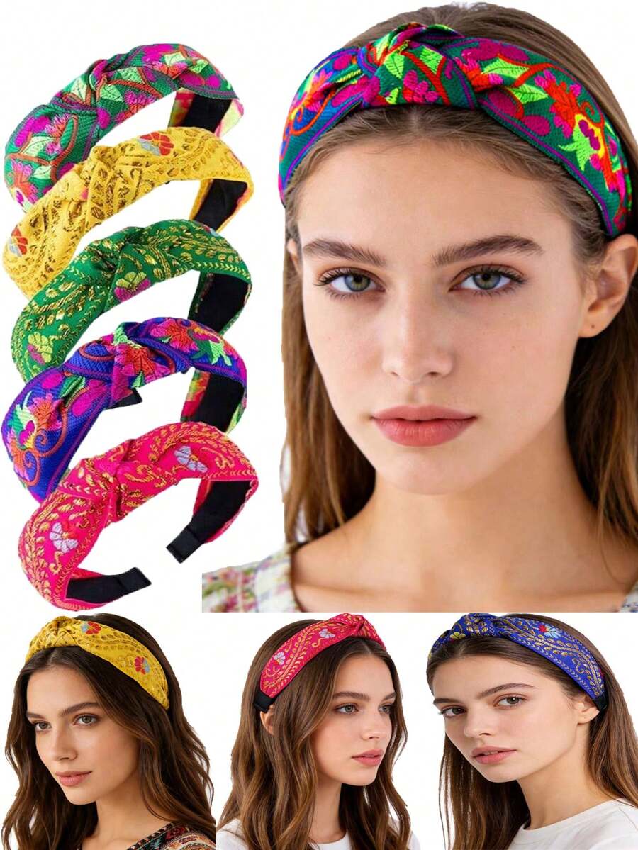1pc New Wide Knotted Headband, Retro Palace Style Fashion Embroidered Fabric Headband For Women Travel Accessories Hair Band Diadema Hair Hoop - Multicolor - View 1