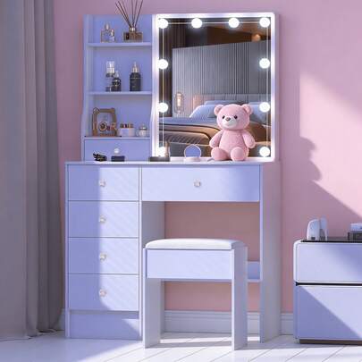 Teousev Dressing Table With Lighted Mirror, 3 Color Light Modes Adjustable Brightness, Drawers And Open Storage Shelves, Bedroom Furniture, Modern Bedroom Vanity Table, Gift For Women