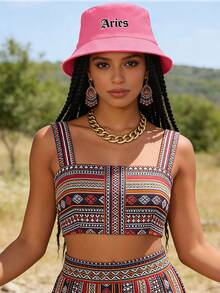 1 pieza Sombrero de cubo para mujer de color rosa intenso con bordado de 12 signos del zodíaco, transpirable, protección solar, cómodo y de moda para vacaciones, compras diarias, primavera-verano, playa - Rosa Fucsia - Ver 3