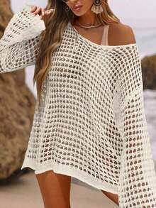 Women's White V Neck Off Shoulder Beach Cover Up, Loose Casual Swimsuit Coverup Dress, Lightweight Breathable Crochet Knit Beachwear, Summer Vacation Pool Resort Wear, Soft Comfy Bathing Suit Cover Ups - 米色 2 - 查看 1