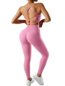 OMKAGI  Women's Seamless Casual Two-Piece Set - Stylish Back Strap Backless Top High-Waisted Tummy-Reducing And Hip-Raising Yoga Pants Yoga And Pilates Set European Style Streetwear Set - Hồng - Xem 5