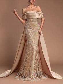 Luxury Sequin Beaded Off-Shoulder Mermaid Evening Gown With Satin Train And Beaded Tassel Details - An Ideal Choice For Red Carpet Events, Glamorous Parties, And Formal Dinners - Champagne - View 1