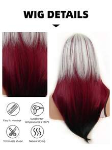26英寸铂金色至红色至黑色渐变直发假发，女士款 - 耐热合成纤维，可调节帽套，无胶帽套 | 潮流Y2K风格，蓬松丰盈 | 角色扮演/派对/万圣节 - 彩色 - 查看 6
