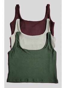 Set Of 3 Cropped Tank Tops, Blogger Style, New Release - Verde militar, beige, marrón café - Ver 2