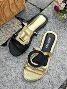 女士平底圆头几何图案优雅PU皮革不对称时尚沙滩拖鞋，适合度假、春夏穿着 - 黑金 - 查看 5