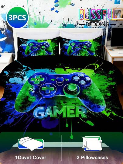 Bộ chăn ga gối Blissful 3 món hình máy chơi game cực chất, thoải mái, gồm 1 vỏ chăn và 2 vỏ gối, được làm từ 100% sợi polyester thân thiện với da, không có ruột chăn, thiết kế hình tay cầm chơi game cực ngầu, phù hợp cho mọi mùa, phòng ngủ/du lịch/ký túc xá (dành cho bé trai/bé gái).