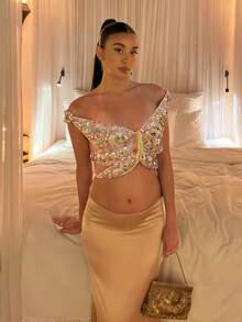 Y2K Women's 3D Butterfly Sequin Crop Top, Off Shoulder Cut Out Tie Front Glitter Top For Festival Rave Vacation - 淺綠 - 查看 4