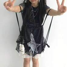 2026 新作音符柄 水玉柄 プリント カジュアル ドローストリングリュック バックパック レディース - ブラック - チェックする 8