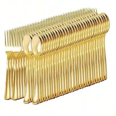 2/25/50/75/100/150 piezas Juego de cubiertos dorados, tenedores y cucharas, adecuado para pasteles, ensaladas, pasta, postres, aperitivos, ideal para cumpleaños, bodas, fiestas, reuniones familiares, actividades de equipo, barbacoas al aire libre, campamentos, banquetes, Día de la Madre, Navidad y otras ocasiones. El conjunto incluye un juego completo de vajilla, tenedores y utensilios de cocina