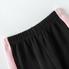 Spring/Summer Girls Casual Cute Colorblock Bow Decor Round Neck Short Sleeve Top & Wide Leg Pants 2 Pieces Set - Black - View 6