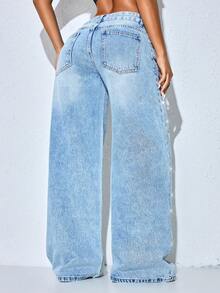Quần jeans nữ ống rộng cạp thấp, màu xanh dương, kiểu dáng thường ngày, túi xéo, dáng suông. - Màu xanh nhạt - Xem 2