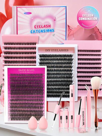 GUDEBANG All-In-One DIY Eyelash Extension Kit, Large Capacity Mixed Styles D Curl Lash Clusters Book Set With Bond&Seal, Lash Remover, Precision Tweezers, Makeup Brushes & Beauty Sponges, Reusable Soft False Lashes, Beginner-Friendly Complete Lash Kit For Daily Wear, Holiday Parties & Salon-Quality At-Home Eye Makeup