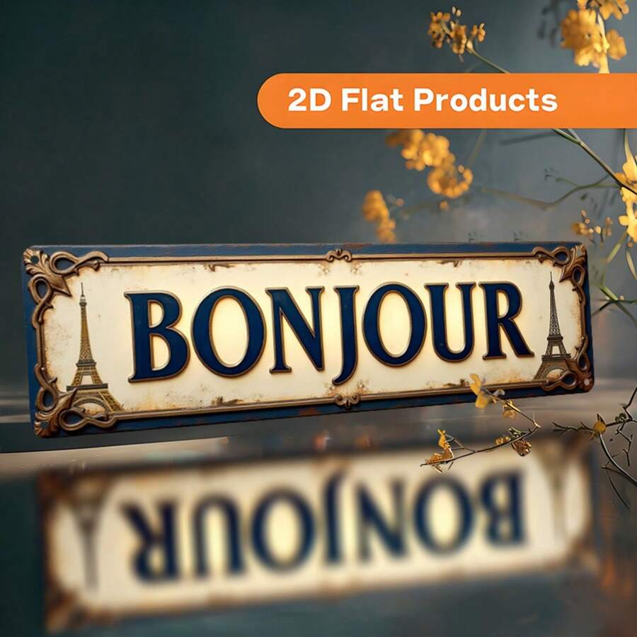 复古法式“BONJOUR”金属牌 - 做旧金属墙饰,适用于农舍、咖啡馆、车库 - 轻巧耐用的金属墙面装饰,复古法式风格,复活节/情人节/父亲节的理想礼物(BONJOUR),平面2D设计 - A - 查看 1