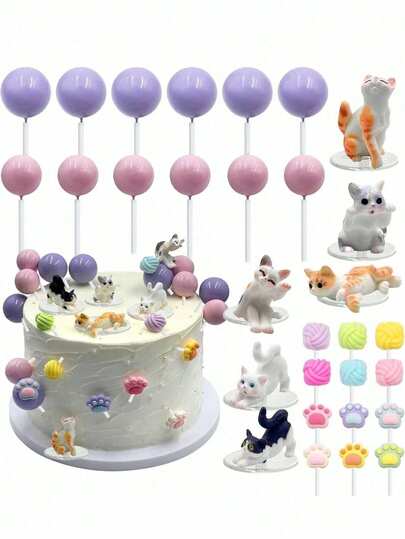 30 piezas de decoraciones para pasteles con temática de gatos, 6 piezas de figuritas de gatitos de dibujos animados, decoración de patas de gato y bolas de estambre de plástico, toppers de pastel de espuma rosa y morada, adecuado para pasteles con temática de gatos, pasteles de cumpleaños de gatos, decoraciones de fiesta de gatos (por favor, usar con bandeja y palitos blancos, no entrar en contacto directo con el pastel)