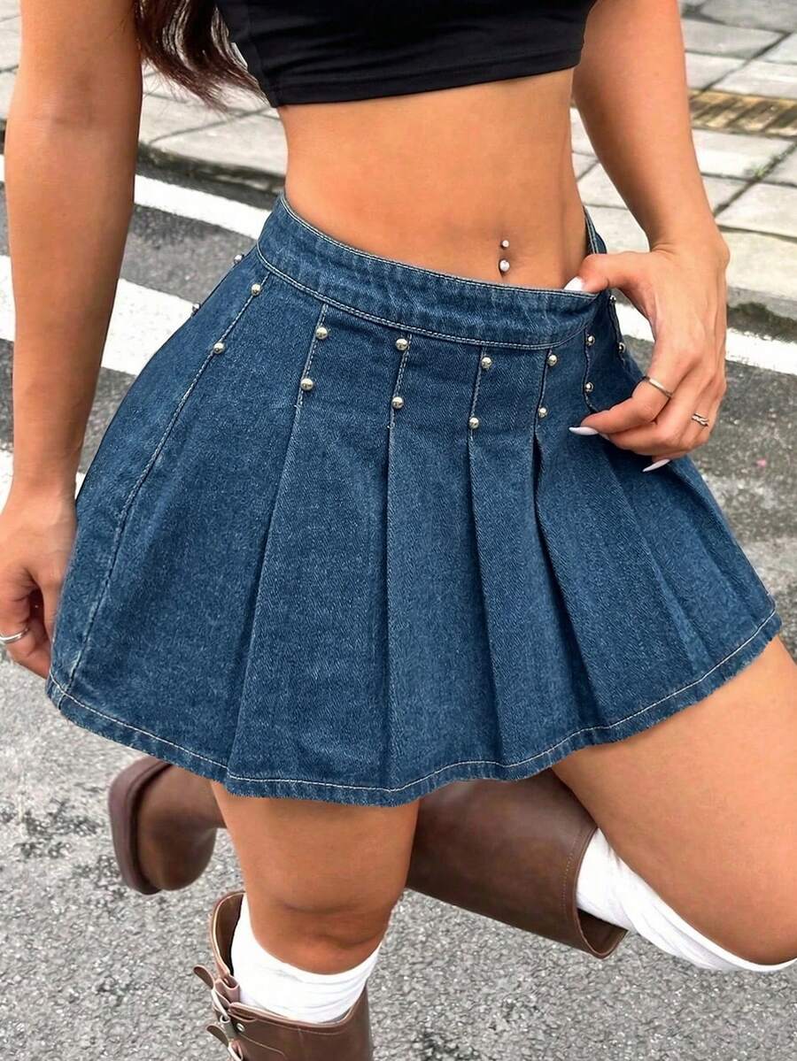 Chân váy ngắn denim xếp ly thanh lịch dành cho nữ, có khóa kéo và cúc cài, không co giãn, kiểu dáng dễ thương, thích hợp cho các bữa tiệc. - Màu xanh lam - Xem 1