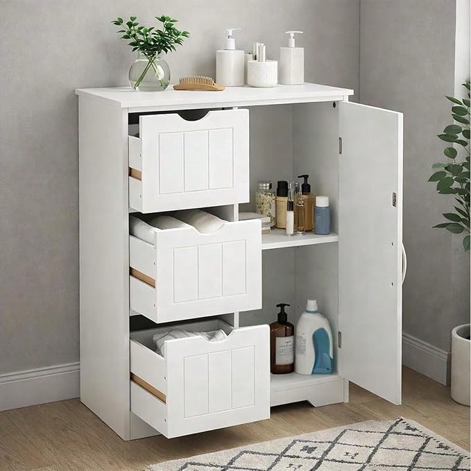 Badezimmerschrank, Beistellschrank mit 3 Schubladen, Schranktür & verstellbaren Ablagen, MDF Kommode, 60*28,5*81 cm, für Badezimmer, Wohnzimmer, Schlafzimmer, Esszimmer und Küche, Weiß - Weiß / 60 x 28,5 x 81 cm - Übersicht 1