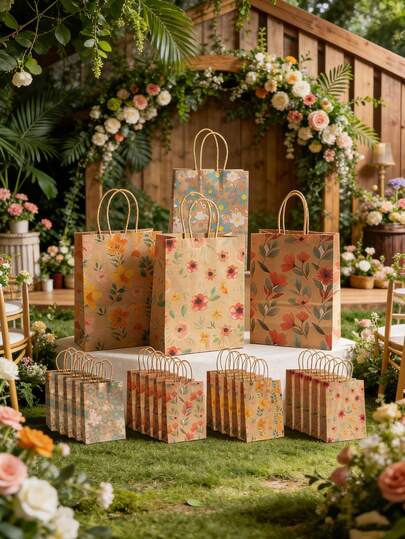 16pcs Floral & Plant Print Kraft Paper Gift Bags, Summer Themed Shopping Bags, Turtle Leaf Pattern Gift Packaging Bags For Party, Wedding, Birthday Celebration