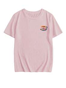 Camiseta de manga corta de verano para mujer con estampado divertido de corazón y taza de café, de cuello redondo, color rosa, de estilo casual y versátil - Blanco - Ver 4