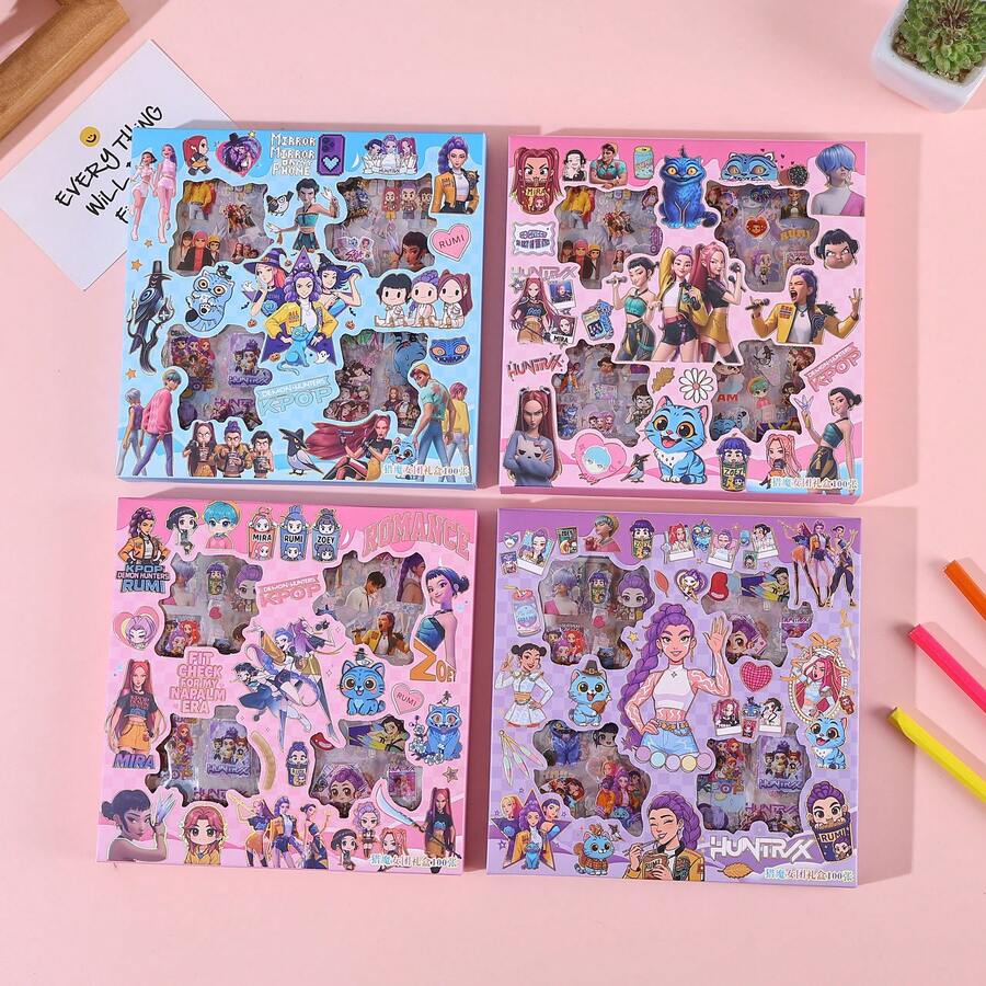 HUNTRAX K-POP 女團主題貼紙組 100 款獨特卡通貼紙,包含 Zoe 及其他角色,防水 PET 材質,適用於手帳裝飾、手機殼 DIY、筆記本美化、行李貼紙,粉絲收藏周邊,送給 K-POP 愛好者的創意禮物,可愛貼紙、趣味貼紙、動漫貼紙 - 彩色 - 查看 1