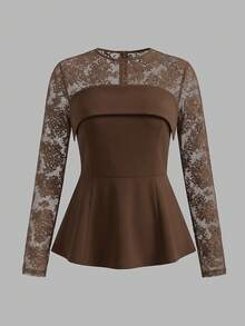 Blusa elegante de mujer de cuello redondo, manga larga y ajustada con encaje, adecuada para uso diario, citas y atuendos de verano para ir al trabajo - café - Ver 2