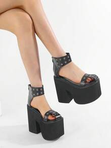 Summer Wide Fit Heeled Sandals Women Metal Rivet Punk Wedge Heels Platform Sandals Ankle Strap Ladies Cosplay Shoes With Zipper - Black - View 4