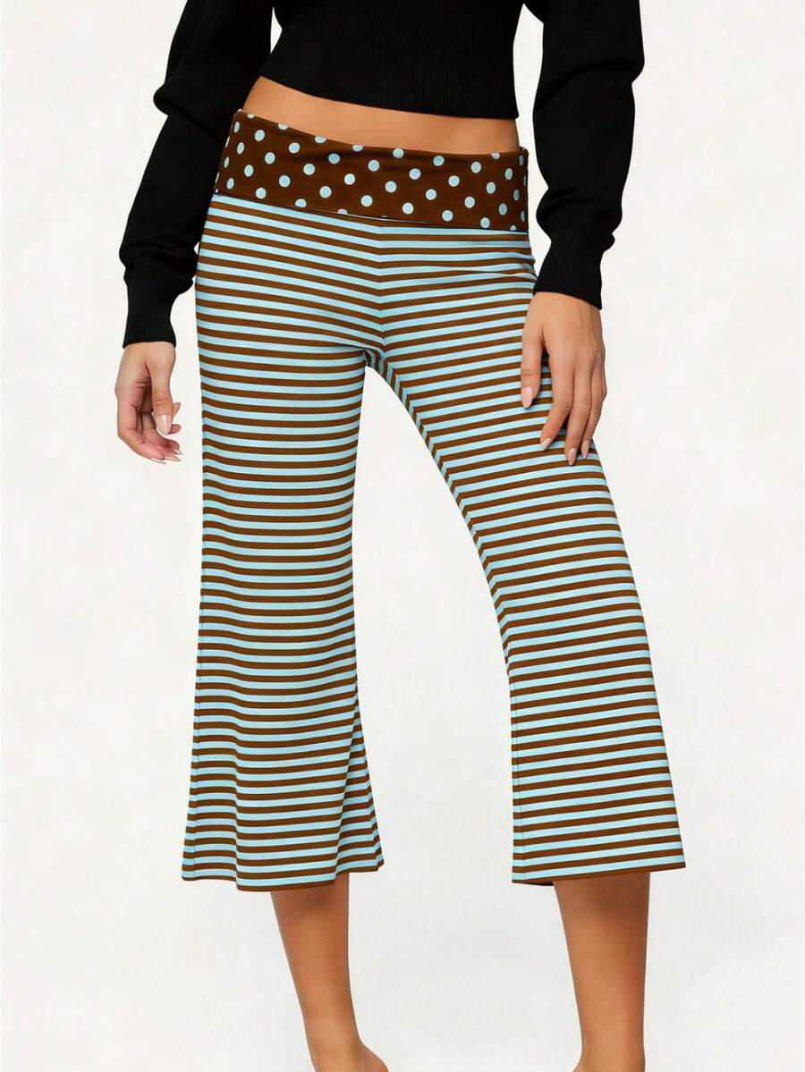 Women's Fold Over Waist Capri Fashionable Casual Solid Color Low Rise Wide Leg Crop Pants - 薄荷色 - 查看 1