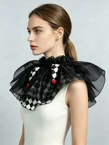 1pc Black & White Plaid Ruffled Collar Halloween Clown Style Scarf - Black and White - View 2