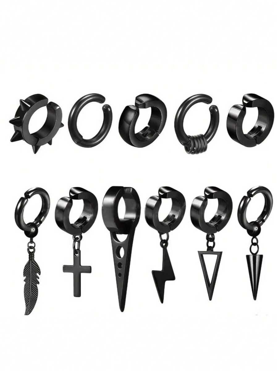 11件套朋克嘻哈夹式耳环，铆钉耳夹，羽毛吊坠耳夹，不锈钢无耳洞耳夹，男士款 - 耳夾 - 查看 1