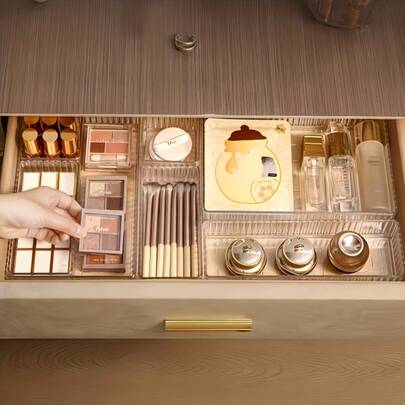 7pcs/6pcs/1pc Makeup Drawer Organizer Box, Makeup Brush Holder, Transparent Cosmetic Storage Box, Drawer Organizer Set, Suitable For Room, Bathroom, Home Decor, Vanity, Makeup Brush Holder, Cosmetic Storage Box, Perfume Storage Box, Gift For Women, Mother's Day Gift, Ideal Gift For Female
