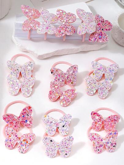 10pcs Colorful Glitter Butterfly Hair Accessories, Elastic Hair Ties For Girls Hair Styling, Shiny Headbands For Daily Use