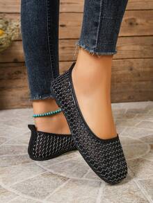 2026 Spring/Autumn Flat Hollow Slip-On Fishnet Mary Jane Shoes, Plus Size Women - Black - View 3
