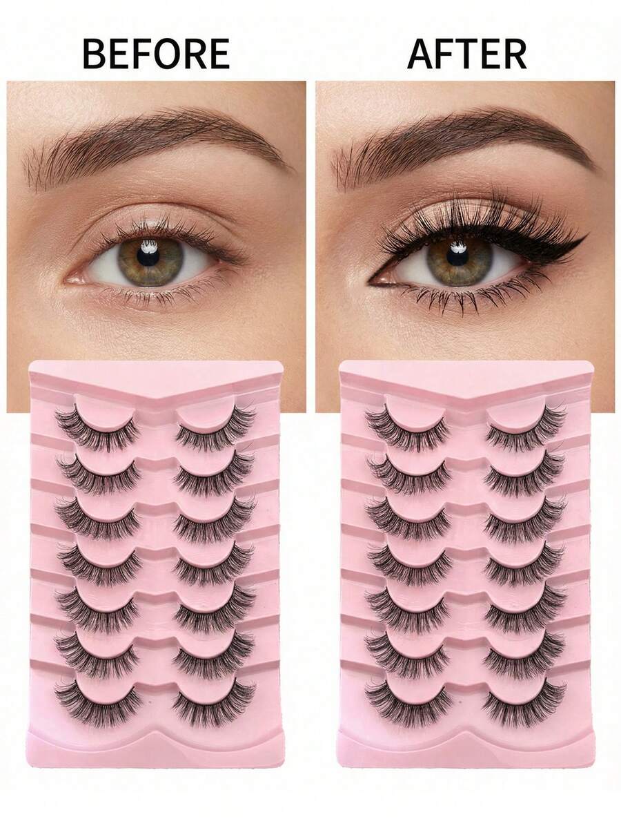 7 Pairs 3D Transparent Stem False Eyelashes, Faux Mink - Black - View 1