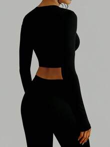 Áo thun dài tay cổ tròn Fyxelle kiểu dáng tối giản, ôm sát, thích hợp cho kỳ nghỉ. - màu đen - Xem 4