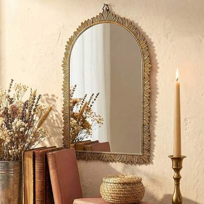 1pc Gold Arched Decorative Wall Mirror Vintage Elegant Wall Mirror Aesthetic Home Decor Boho Nordic Style Arch Shape Leaf Pattern Frame Ornate Border Hanging Mirror Vanity Makeup Reflection Mirror For Living Room Bedroom Bathroom Entryway Hallway Dressing Area Home Decoration