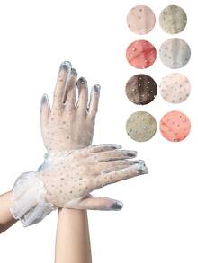 1 双女士薄款网眼手套，水晶装饰，荷叶边袖口，优雅派对/晚宴风格，涤纶材质，旅行，节日 - 彩色 - 查看 9