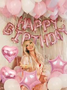 49pcs Pink & White Birthday Balloon Set, 16 Inch Candy Pink Happy Birthday Letter Balloons & Pink White Latex Balloons Set, Silver Tinsel Curtain, Pink Heart Balloons, Pink Star Balloons, Happy Birthday Letter Foil Balloons, Suitable For Birthday Party Decoration, Home Party Background, Single Party, Birthday Party Decor - Multicolor - View 6