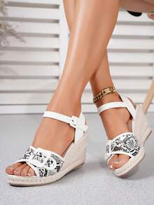 Sandal đế xuồng bằng dây rơm đan, nhiều màu sắc, kiểu dáng cổ điển, khóa cài, thoải mái, thời trang, thường ngày, thích hợp cho kỳ nghỉ, dành cho nữ. - Nhiều màu - Xem 6