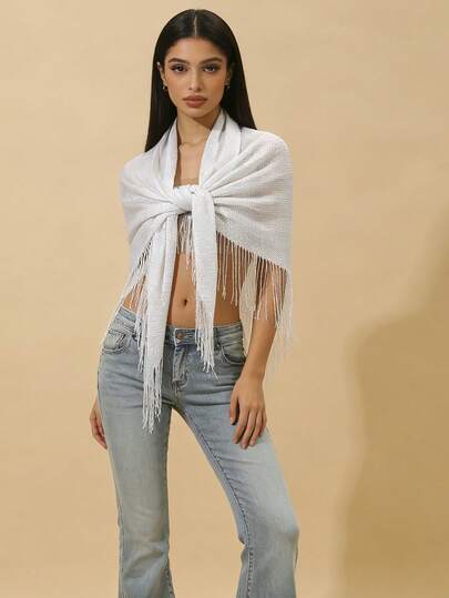 1 chiếc khăn choàng tam giác móc len màu trơn, khăn choàng đa năng cho kỳ nghỉ biển, khăn choàng cơ bản màu trơn với họa tiết khoét rỗng thời trang.