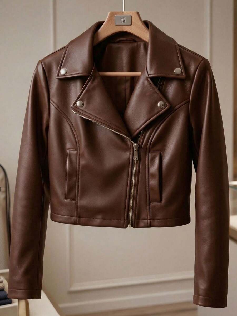 Women's Faux Leather Biker Jacket With Zipper - 鏽棕色 - 查看 1