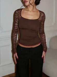 Women's Summer Floral Lace Trim Square Neck Crop Tops Spring Y2K Long Flare Cuff Sleeve Basic T Shirt Slim Fit Base Layer Going Out Blouse Daily Party Shirts Streetwear - 棕色 - 查看 2