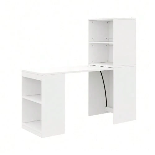 Multifunctional Folding Table Measuring 130x51x137cm That Combines A Desk And Cabinet In One Design, Four Storage Compartments For Efficient Organization, High Load Capacity, White Color. - 白色 - 查看 1