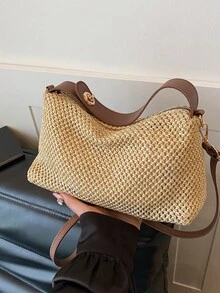 1个黄色编织顺滑拉链优质金属钩旋转锁扣时尚百搭休闲纯色简约春夏新款独立波西米亚风女士手提包，适合女性日常使用 - 黃色 - 查看 8