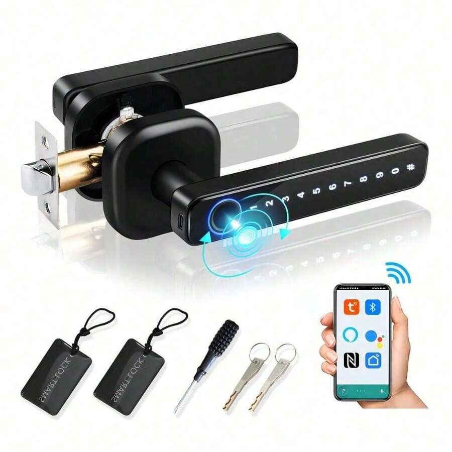 Cerradura inteligente 5 en 1, digital con reconocimiento de huella y control Bluetooth, multifuncional para puertas de 30-50 mm - Negro1 - Ver 1
