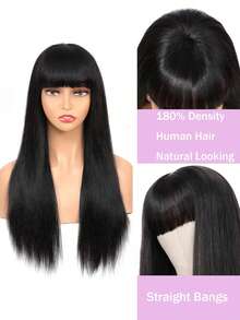 Perucas de Cabelo Humano Liso com Franja Reta Sem Frente de Renda, Densidade de 180%, Cabelo Virgem Brasileiro Longo, Peruca Sem Cola Feita à Máquina para Mulheres, Cor Preta Natural, Peruca para Festa de Cosplay - Natural Black - Visão 3