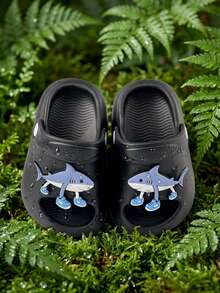 Kids Black Shark EVA Clogs, Adjustable Heel Strap Sandals, Cute Summer Beach Shoes For Boys Girls - Black - View 1