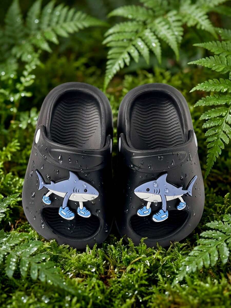 Kids Black Shark EVA Clogs, Adjustable Heel Strap Sandals, Cute Summer Beach Shoes For Boys Girls - Black - View 1