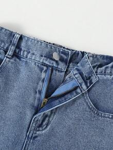 1 chiếc quần jean denim ống đứng rách nhẹ màu xanh dương dành cho bé gái, kiểu dáng thường ngày, tối giản, ôm sát và giúp tôn dáng, thích hợp cho mùa hè. - Rửa trung bình - Xem 6