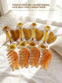 Bộ 1/2/3 dụng cụ massage lăn hai đầu cong 3D bằng nhựa hổ phách, bảng Gua Sha hình trái tim, lược 5 răng, màu hổ phách nhuộm tie-dye, con lăn hai đầu cong 3D hình trái tim 5 răng bản rộng với kết cấu mây tự nhiên, massage chính xác vùng mắt và mũi, nâng cơ, làm săn chắc, làm dịu các huyệt đạo trên khuôn mặt, bộ dụng cụ chăm sóc sắc đẹp toàn thân, máy massage chăm sóc da SPA tại nhà, quà tặng cho làn da lười vận động. - Xem 12