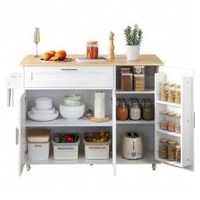 (=N635P21858284D) Large Mobile Kitchen Table 132.5*44(70)*90 Cm, Folding Top, Oak Finish, Multifunctional Cabinet, Spice Rack, Towel Rack, 5 Wheels, Suitable For Kitchen/Dining Room/Home - White - View 6