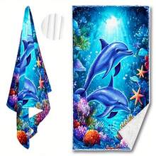 1pc Extra Large Quick Dry Beach Towel - Big Dolphin & Coral Reef Pattern, With Marine Life Motif - Soft Microfiber Towel, Suitable For Pool, Travel, Camping - Green Ocean Tone - Easy Care Beach & Pool Accessory, Vibrant Ocean Pattern, Fast Drying Fabric, Ultra Soft Material - Multicolor - View 9
